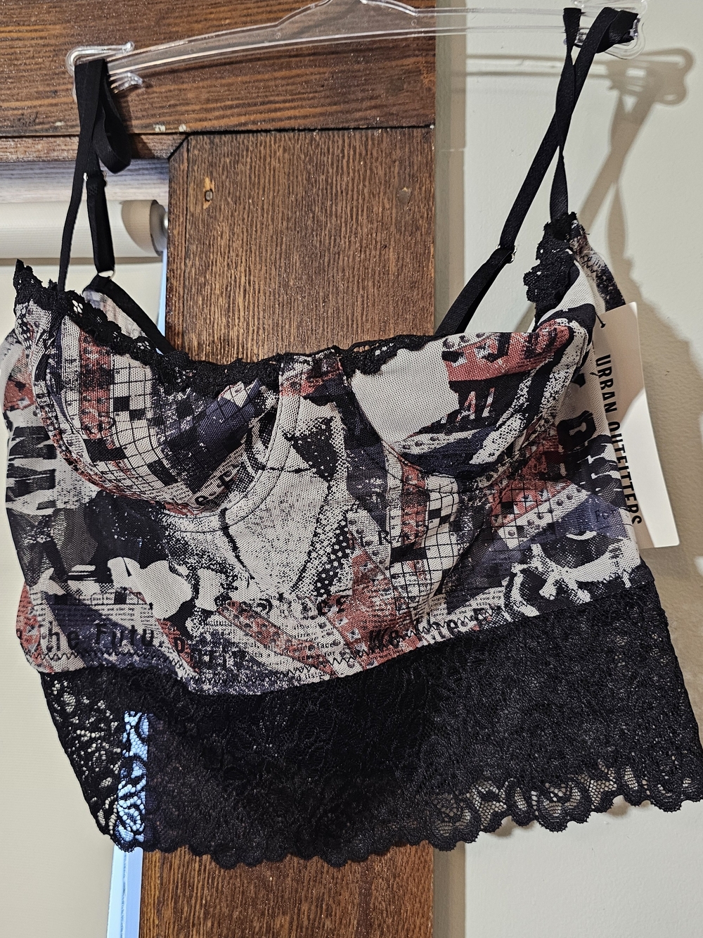 Urban Outfitters Black and Red Graphic Lace-Trim Bandeau